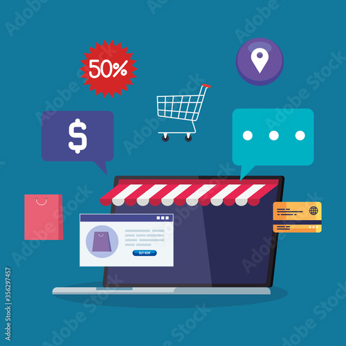 laptop with tent website and icon set design of Shopping online ecommerce market retail and buy theme Vector illustration