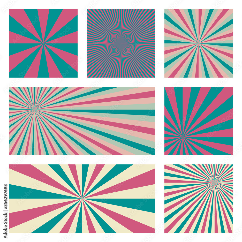 Appealing sunburst background collection. Abstract covers with radial rays. Classy vector illustration.