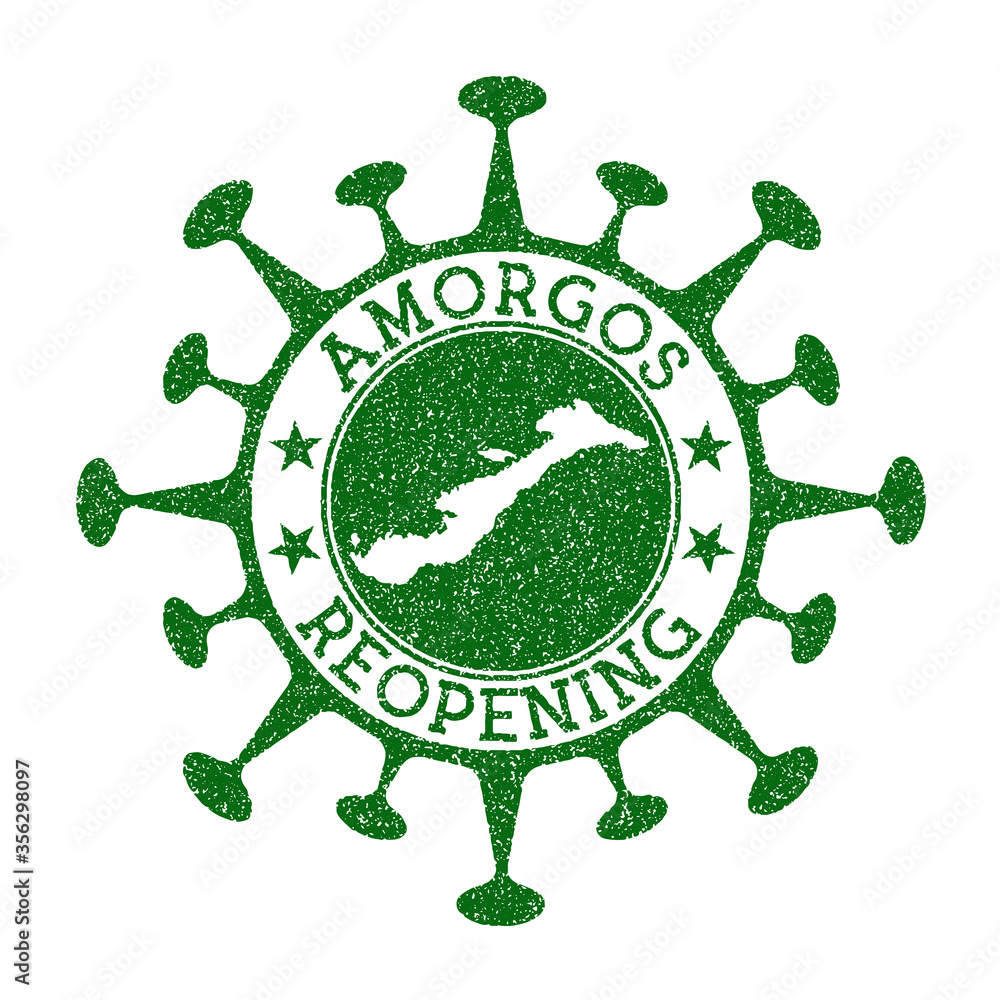 Amorgos Reopening Stamp. Green round badge of island with map of Amorgos. Island opening after lockdown. Vector illustration.