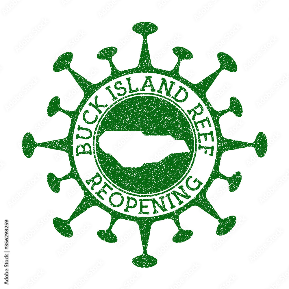 Buck Island Reef Reopening Stamp. Green round badge of island with map of Buck Island Reef. Island opening after lockdown. Vector illustration. Buck Island Reef Reopening Stamp. Green round badge of island with map of Buck Island Reef. Island opening after lockdown. Vector illustration.