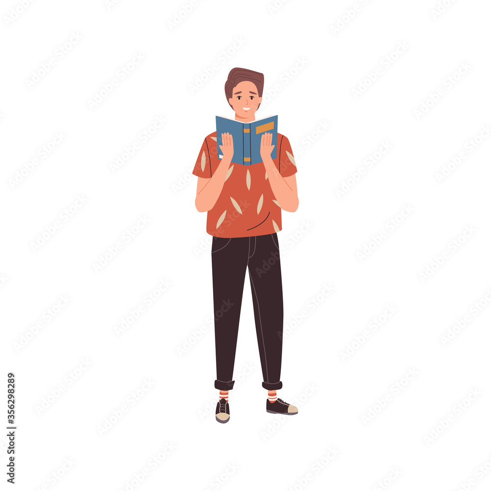 Young man reading book. Young man with literature in hands. Reading books hobby, student study and preparing for examination, book lover, reader. Flat cartoon vector illustration. Young man reading book. Young man with literature in hands. Reading books hobby, student study and preparing for examination, book lover, reader. Flat cartoon vector illustration.