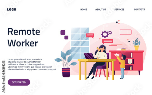 Freelancer woman with child working on laptop. Parent working with son. Home office. Difficulty of remote work. Remote worker, employee schedule. Website homepage landing web page template.