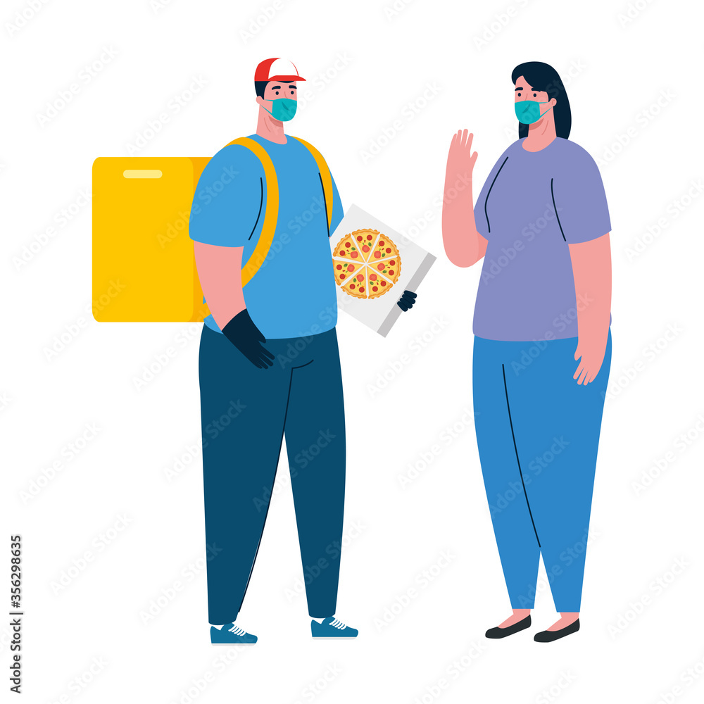man and woman client with mask and pizza box design, Safe delivery logistics and transportation theme Vector illustration man and woman client with mask and pizza box design, Safe delivery logistics and transportation theme Vector illustration