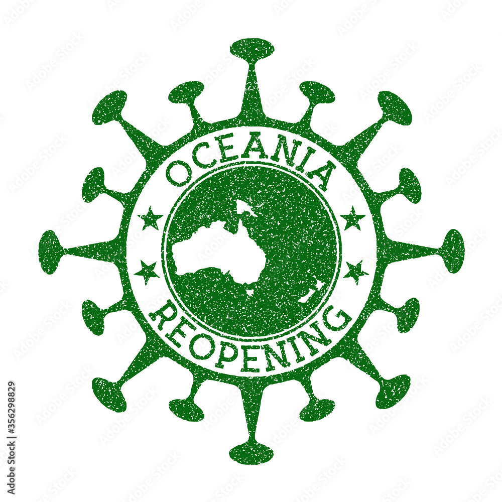 Oceania reopening stamp. Green round badge of continent with map of Oceania. Continent opening after lockdown. Vector illustration. Oceania reopening stamp. Green round badge of continent with map of Oceania. Continent opening after lockdown. Vector illustration.