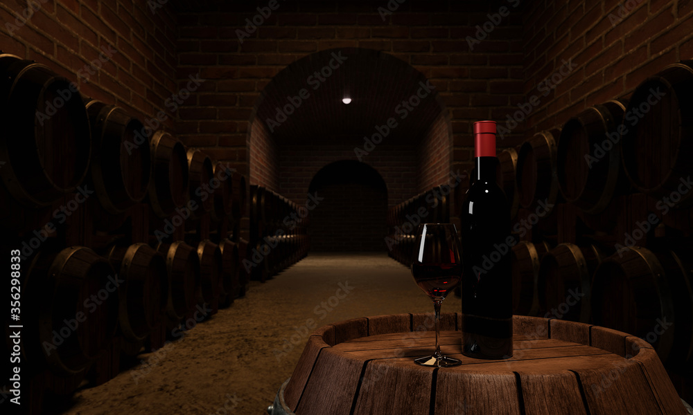 Red wine bottle and clear glass with red wine Put on a wine fermentation tank With many wine fermentation tanks placed close to the red brick wall. 3D Rendering