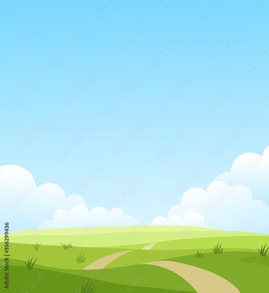 Beautiful summer grassy meadow landscape. Spring nature sunny day. Bright background with cloudy sky in the park, place for text. Cartoon vector illustration