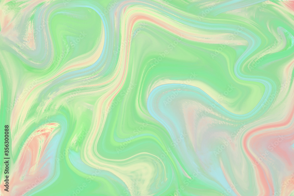 Obraz premium Bright green liquid color illustration. Pastel multicolored digital texture. Soft pale watercolor suminagashi surface