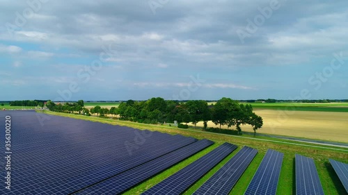 AERIAL WS Rows of solar panels in field / Emmeloord, Flevoland, Netherlands photo