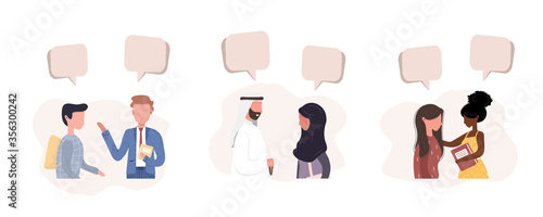 People talk to each other. Businessmen discuss social network. Friends chat with dialog speech bubbles. Modern vector illustration in flat style.