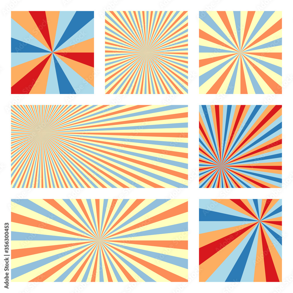 Artistic sunburst background collection. Abstract covers with radial rays. Radiant vector illustration.