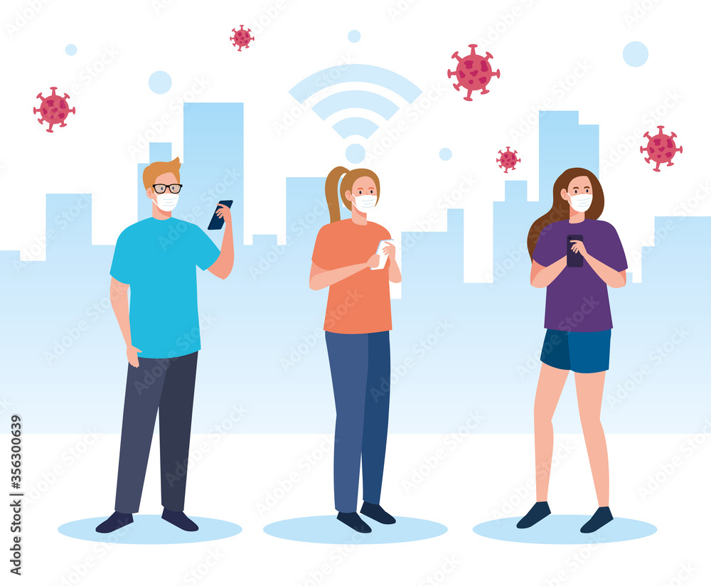 group people wearing medical mask against covid 19 using smartphone, social media coronavirus concept vector illustration design group people wearing medical mask against covid 19 using smartphone, social media coronavirus concept vector illustration design