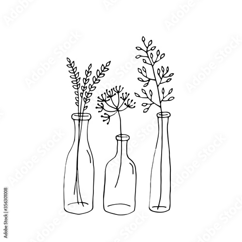 Cute doodle blade of grass in a bottle. Vector hand-drawn illustration. Black and white outline. Decoration for coloring book.