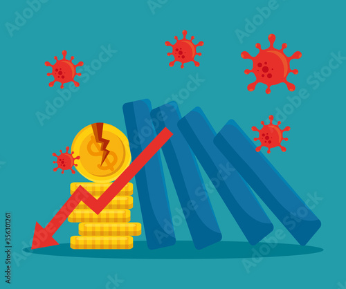 broken coins and decrease arrow design of bankruptcy and covid 19 virus theme Vector illustration