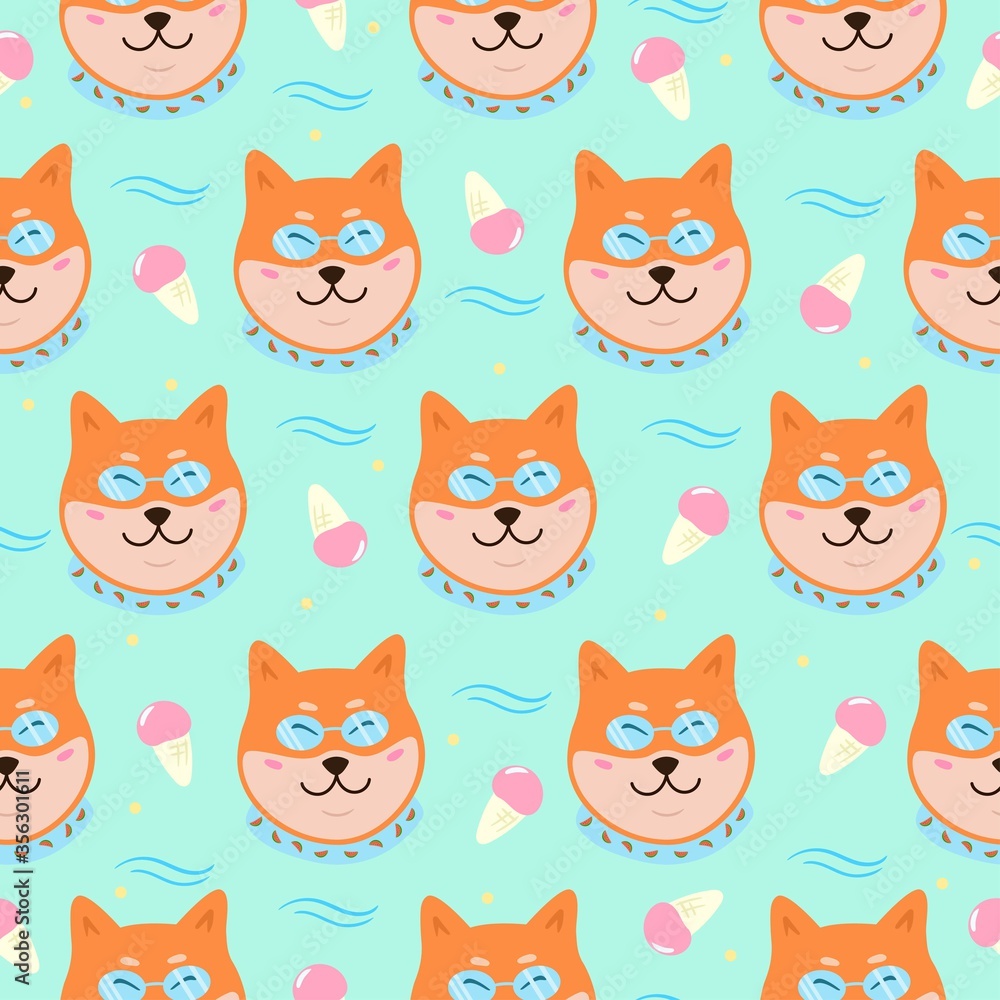 Summer seamless pattern with cute shiba inu dog in sunglasses and ice cream. Vector illustration for textile, wrapping paper, fabric.