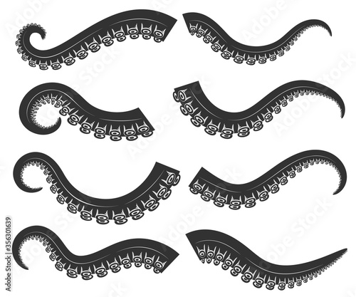 Set of octopus, squid tentacles  in engraving style. Design element for logo, label, emblem, sign, badge. Vector illustration