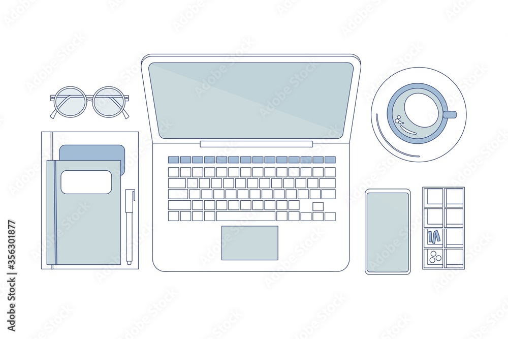 Set of office device. Workplace organization. Glasses, book, pen, laptop, mobile phone, coffee, boxes on top view. Vector illustration.