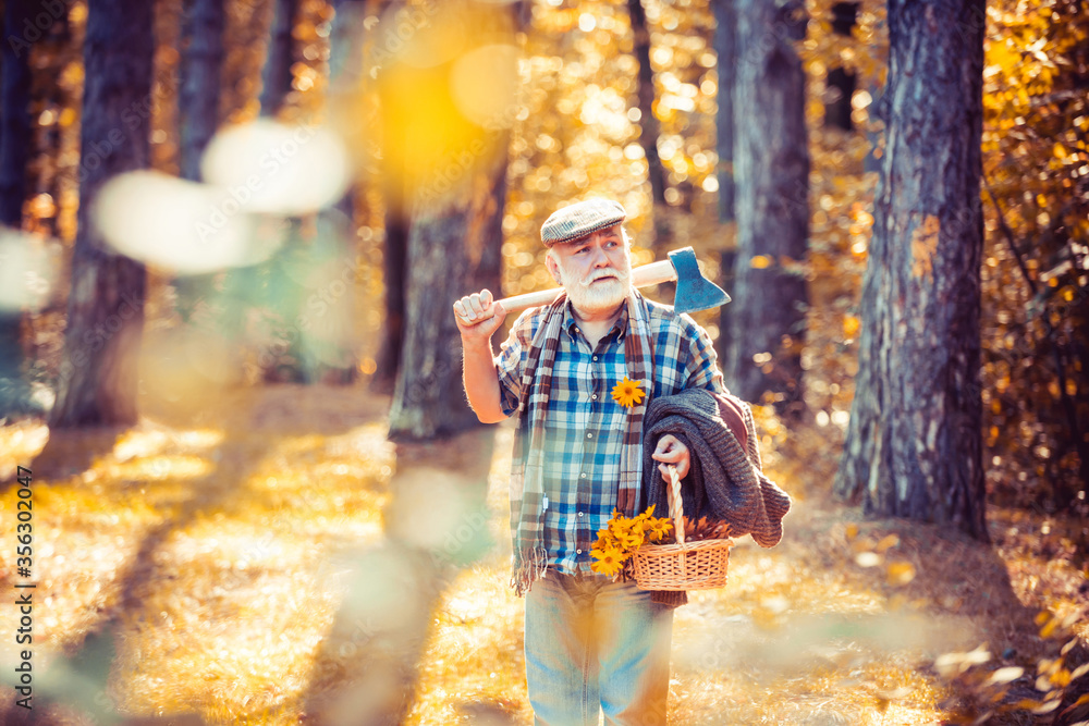 Sunny weather. Portrait of aged man with beard. Mature man with beard in hat. Outdoor portrait. Woodman in forest. Human and nature. Funny bearded man. Natural background. Rest in forest.