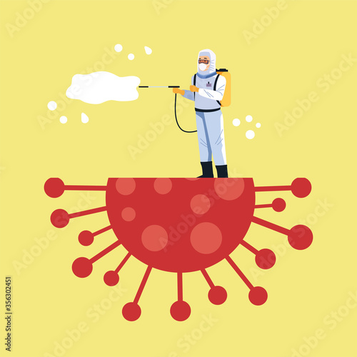biosafety worker with sprayer disinfectant and covid19 particle