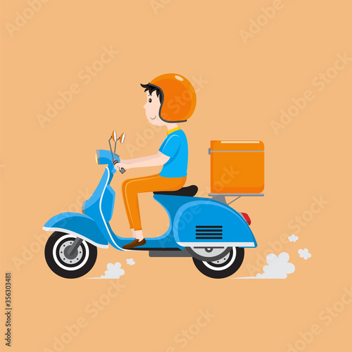 Delivery man riding scooter with delivery case box. Delivery service concept. Vector illustration