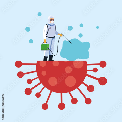 biosafety worker with sprayer disinfectant and covid19 particle