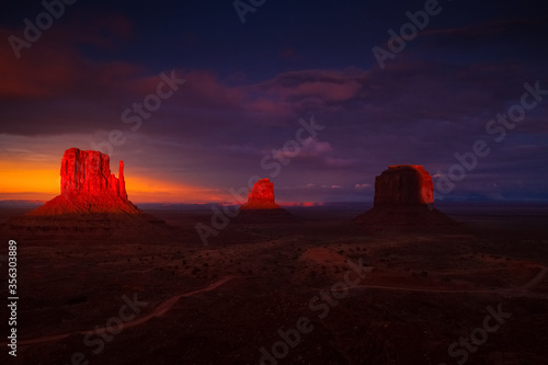 Dramatic light after a clearing storm at sunset at Monument Valley Navajo Tribal Park in Arizona