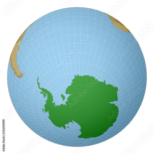 Globe centered to Antarctica. Country highlighted with green color on world map. Satellite projection view. Vector illustration.