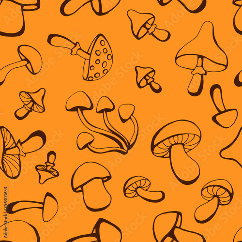 Seamless pattern with mushrooms. Hand drawn vector illustration in sketch style. Perfect for greetings, invitations, coloring books, textile, wedding and web design.