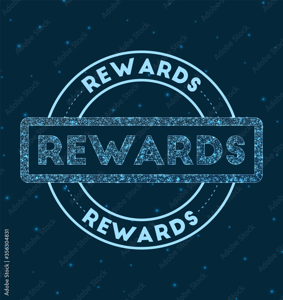 Rewards. Glowing round badge. Network style geometric rewards stamp in space. Vector illustration.