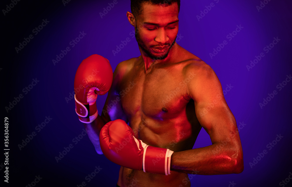 Muscular Boxer In Boxing Gloves Posing On Blue Studio Background