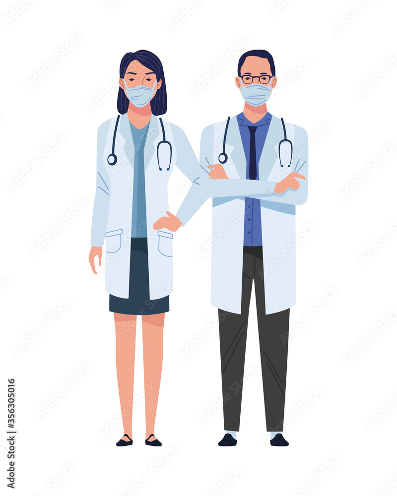 couple doctors wearing medical masks characters couple doctors wearing medical masks characters