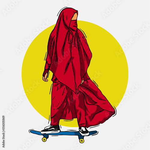 illustration vector graphic of hijab woman skateboarding perfect for promotion of gender equality. poster printing. print on a shirt. print on a tote bag