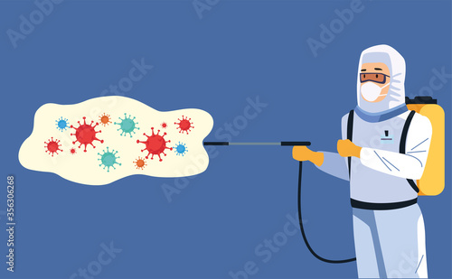 biosafety worker with sprayer disinfectant and covid19 particles