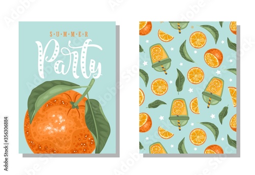 A set of postcards. Fresh orange, tropical leaves, flowers and slices. Hand calligraphy of "Fruit Party". Label, banner advertising element.
Vector illustration. Printing on fabric, paper, postcards, 