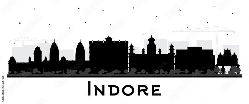 Indore India City Skyline Silhouette with Black Buildings Isolated on White.