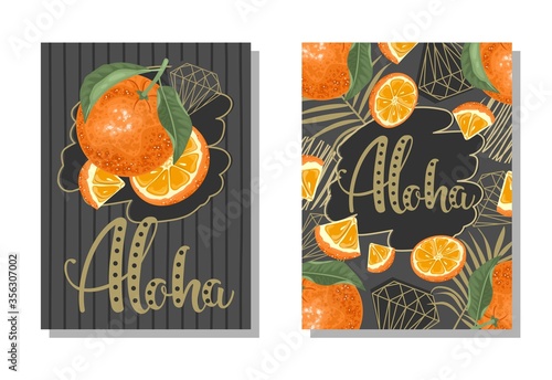 A set of postcards. Fresh orange, tropical leaves, flowers and slices. Hand calligraphy of "Aloha". Label, banner advertising element.
Vector illustration. Printing on fabric, paper, postcards, invita