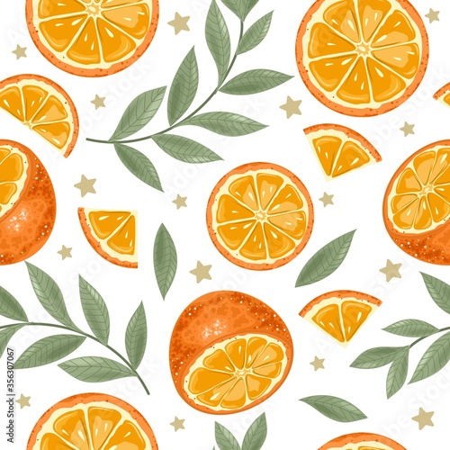 Seamless pattern with fresh orange, tropical leaves and berries. Vector illustration. Printing on fabric, paper, postcards, invitations.