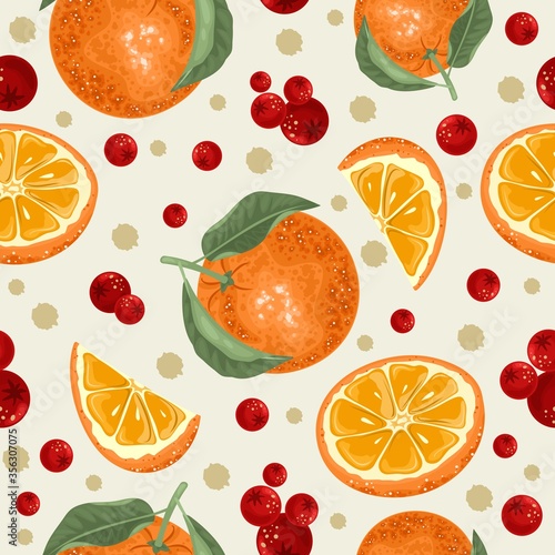 Fototapeta Naklejka Na Ścianę i Meble -  Seamless pattern with fresh orange, tropical leaves and berries. Vector illustration.
Printing on fabric, paper, postcards, invitations.
