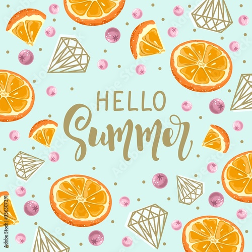 Postcard with Fresh Orange  tropical leaves  flowers  slices and geometry. Hand calligraphy  Hello Summer . Label  banner advertising element. Vector illustration. Printing on fabric  paper  postcards