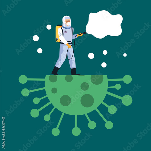 biosafety worker with sprayer disinfectant and covid19 particle