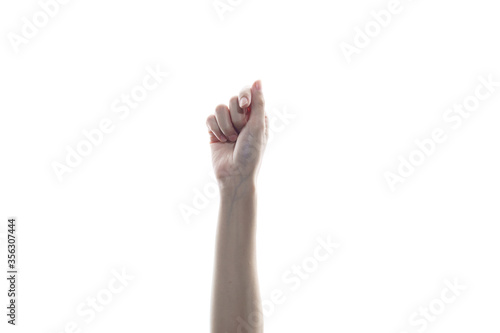 Woman hand holding a virtual card with fingers on a white background. stranglehold sign.