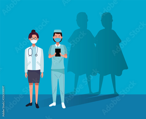 female doctor and nurse heroic with super hero shadow
