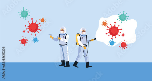 biosafety workers with sprayers disinfectant and covid19 particles