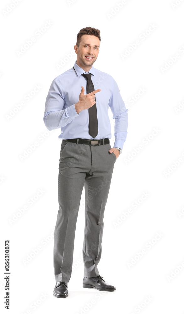 Portrait of handsome businessman showing something on white background Portrait of handsome businessman showing something on white background