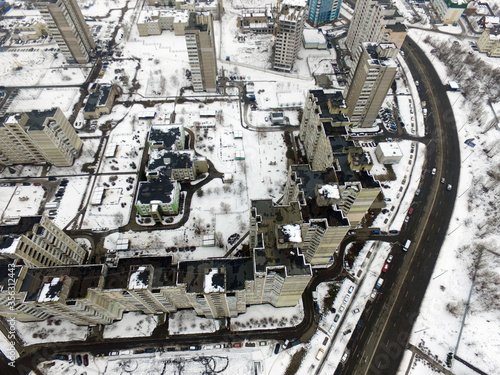 Modern residential area of Kiev at winter time (drone image)