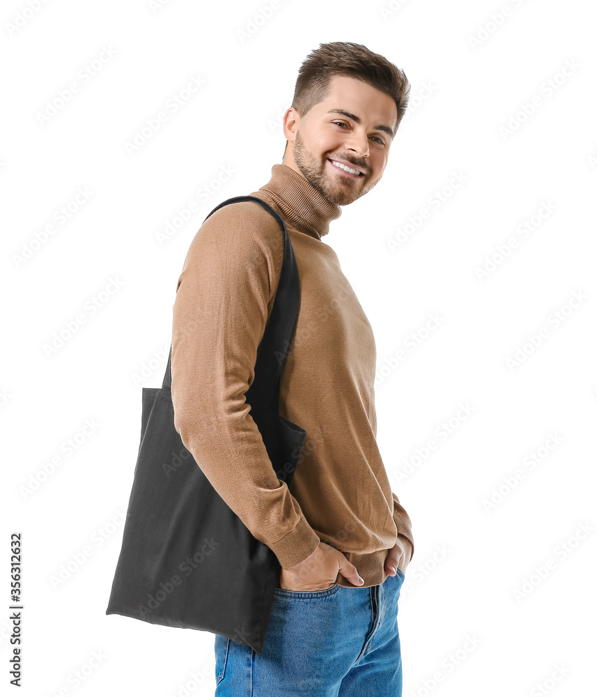 Young man with eco bag on white background Young man with eco bag on white background