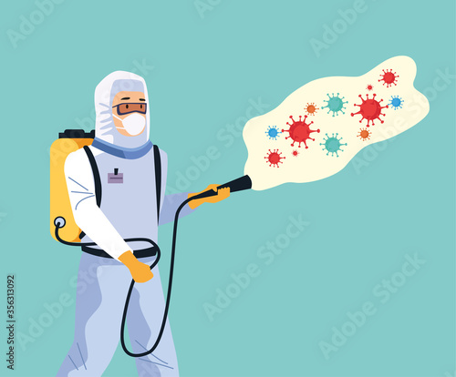 biosafety worker with sprayer disinfectant and covid19 particles