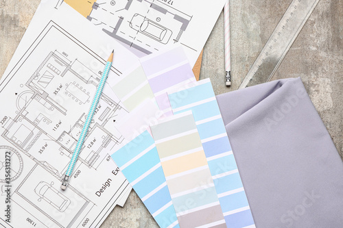 Color palettes with building plans on grey background