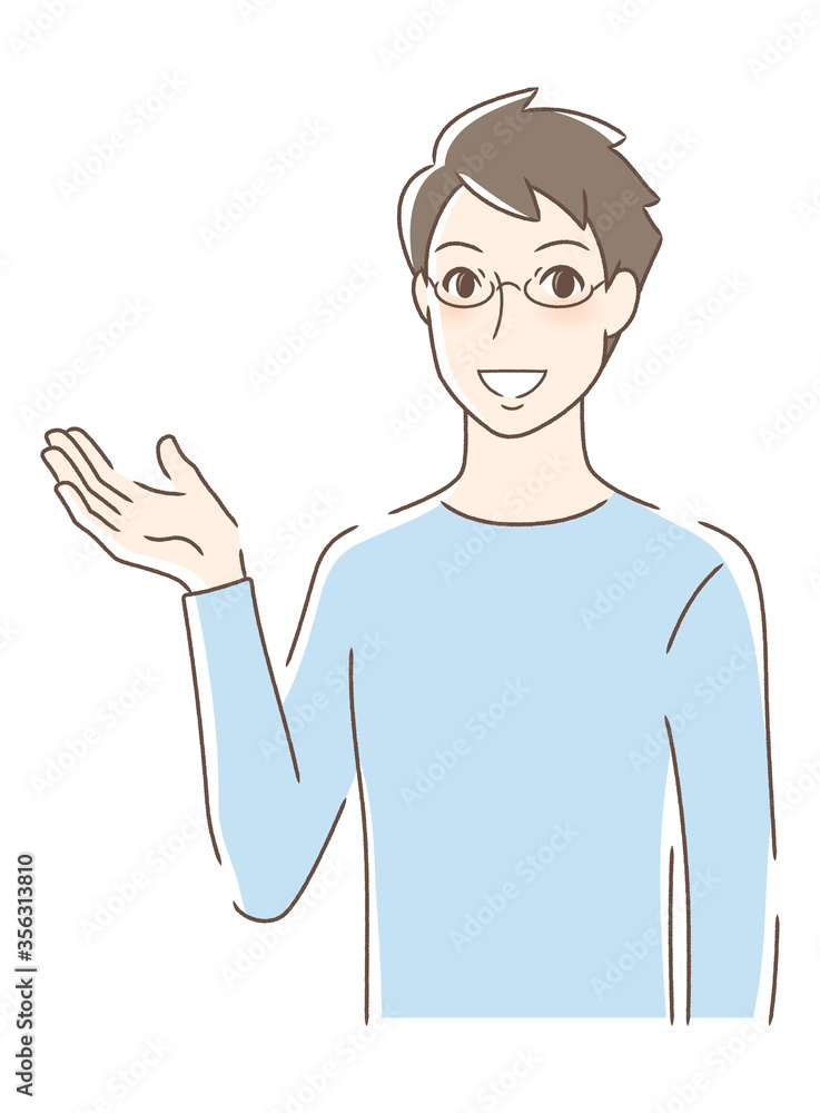 笑顔で手のひらを差し出す男性 笑顔で手のひらを差し出す男性