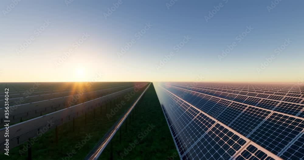 3d loop of solar farm, field or solar power plant in aerial with photovoltaic cell in panel, landscape, technology. Industry for electric, electricity generation. Clean green power energy from nature.