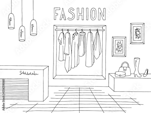 Shop store interior graphic black white sketch illustration vector